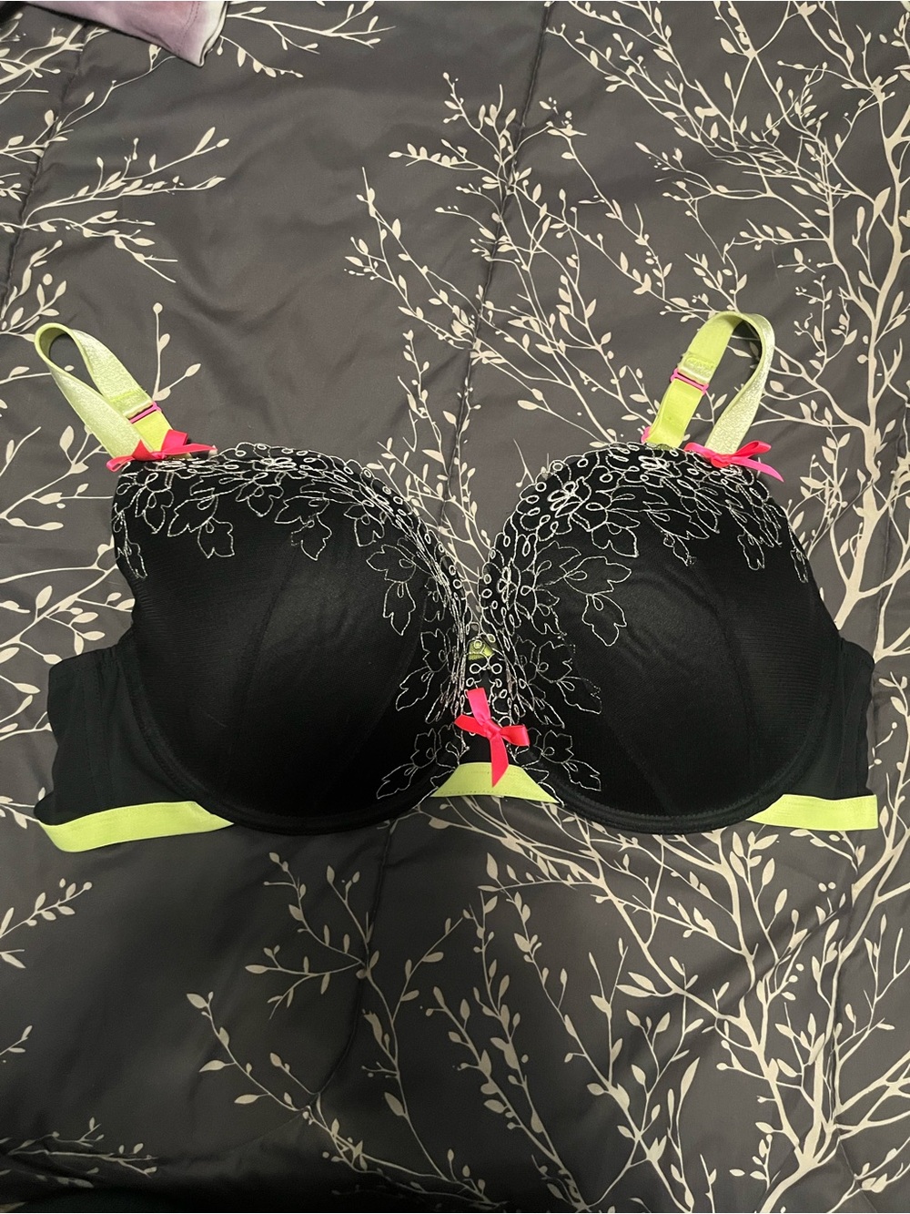 Cacique Black Bra with Neon Yellow Trim and Pink Accents
